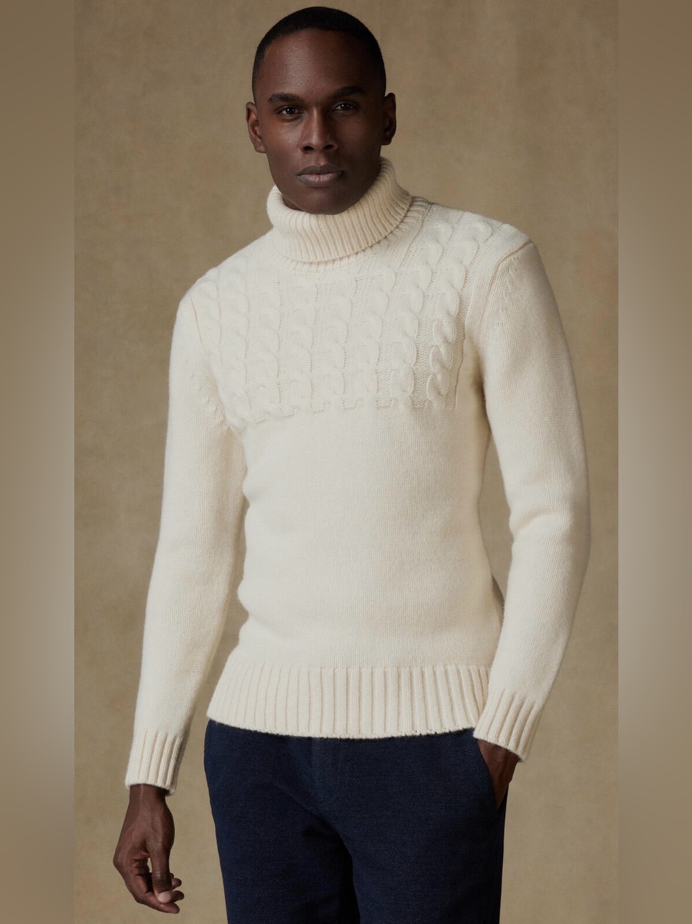 Cafe Coton Men's Ivory Cable Turtleneck Sweater